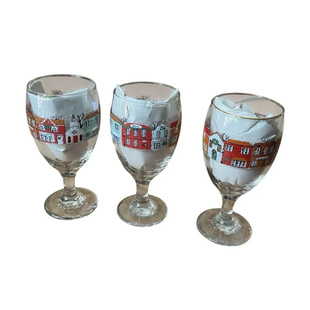 Set of 3 Christmas‎ Village Wine Glasses Holiday Goblets Hand Painted Houses
